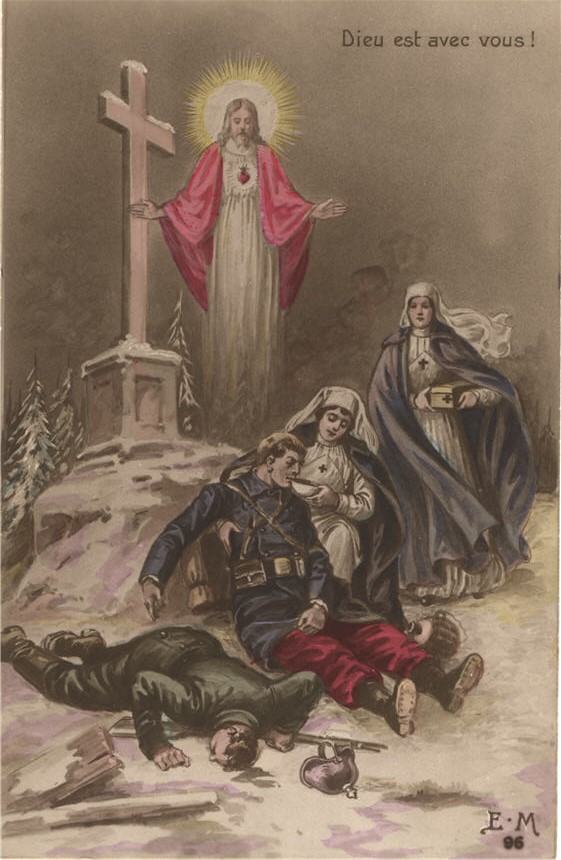 Two White female nurses attending to a wounded White male soldier, Jesus behind them.