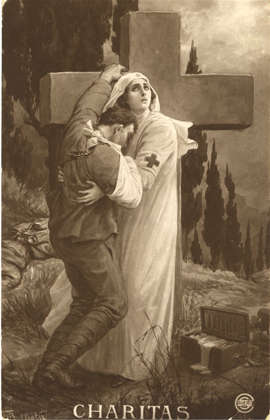 A White female nurse supporting a White male soldier as he grabs onto a stone cross behind them.