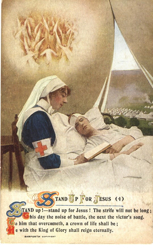 A White female nurse reading to a White male soldier in bed angels and Jesus are behind.