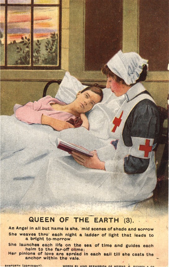 A White female nurse reading to a White male patient in bed.