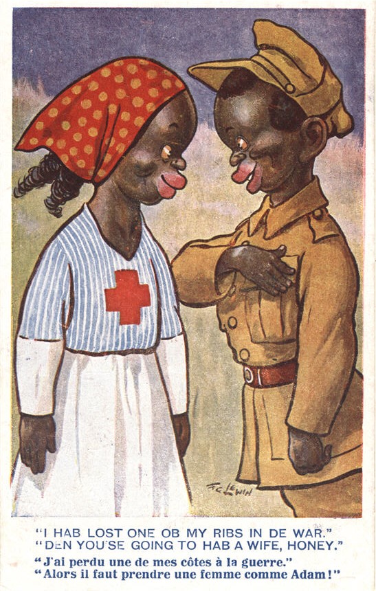 An African boy dressed as a soldier and an African girl dressed as a nurse looking at each other.
