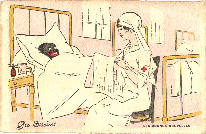 A White female nurse sitting at the foot of the bed of an African male patient.