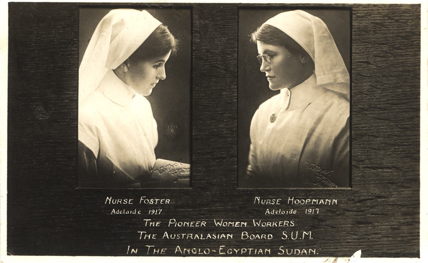 Portraits of two White female nurses facing each other.