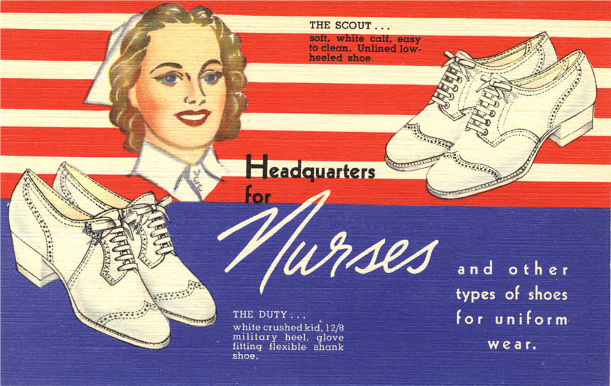 A White female nurse, visible from neck up, smiles between two pairs of white heeled shoes.
