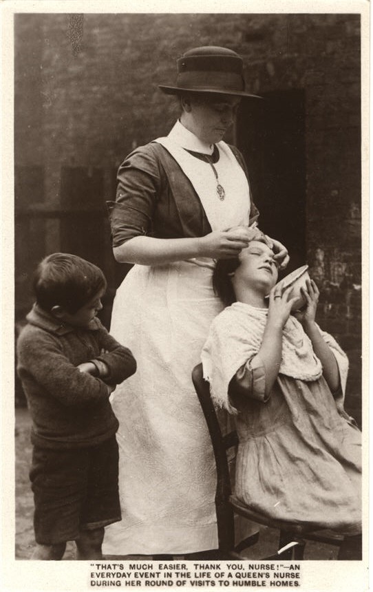 A White female nurse tends to a White girl's head who is holding a bowl as a White boy looks on.