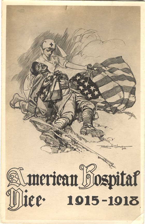 A White female nurse in white cradles a wounded White male soldier and holds an American flag.