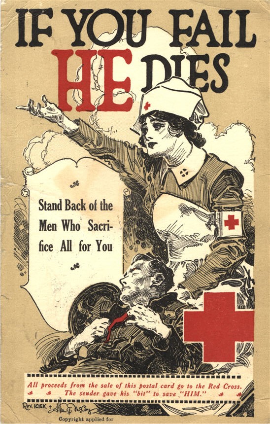 A White female Red Cross nurse reaching out with one hand, while cradling a wounded White soldier.