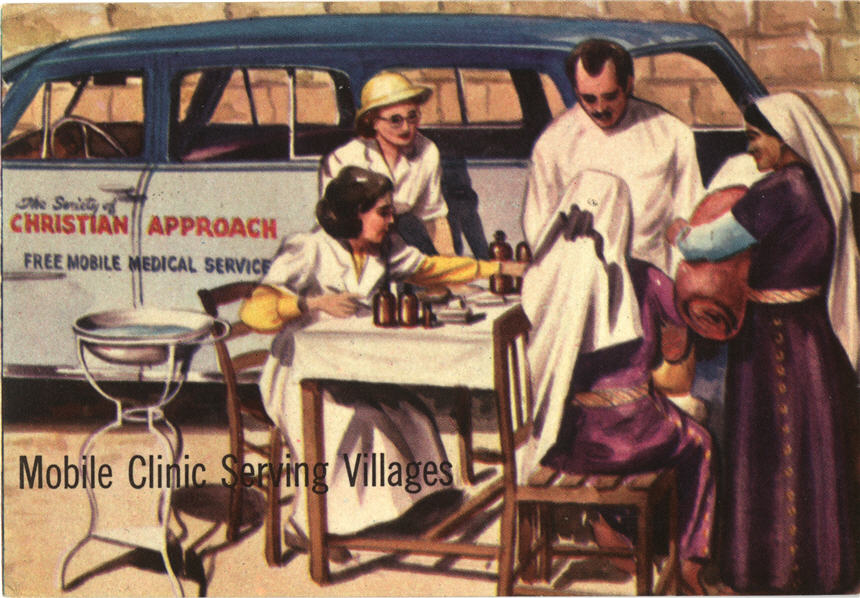 Two White female nurses and a White male doctor tend to two Middle Eastern mothers holding babies.