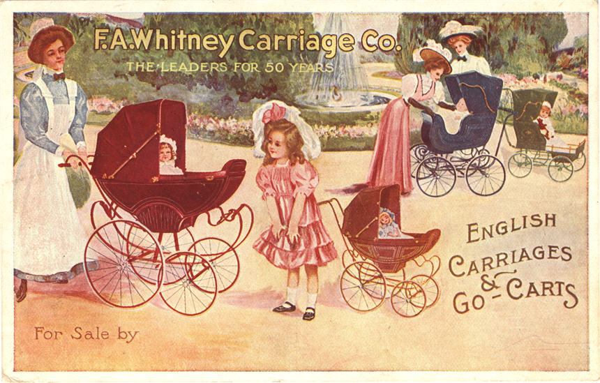 A White female nurse pushes a doll in a stroller next to a White girl doing the same.