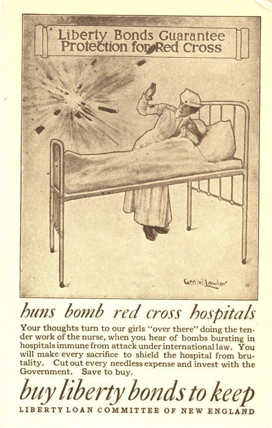 A White female nurse leans over to protect a White male patient in bed from an exploding shell.