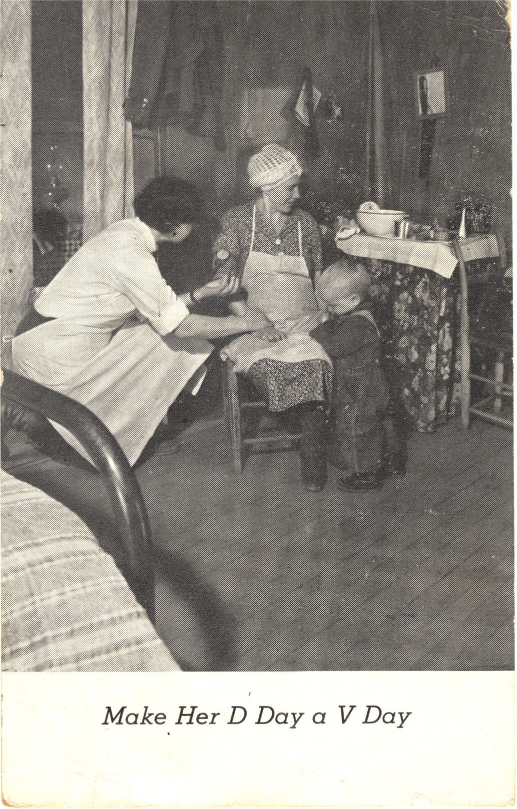 A White female nurse in white squats down while talking with a White mother and child.