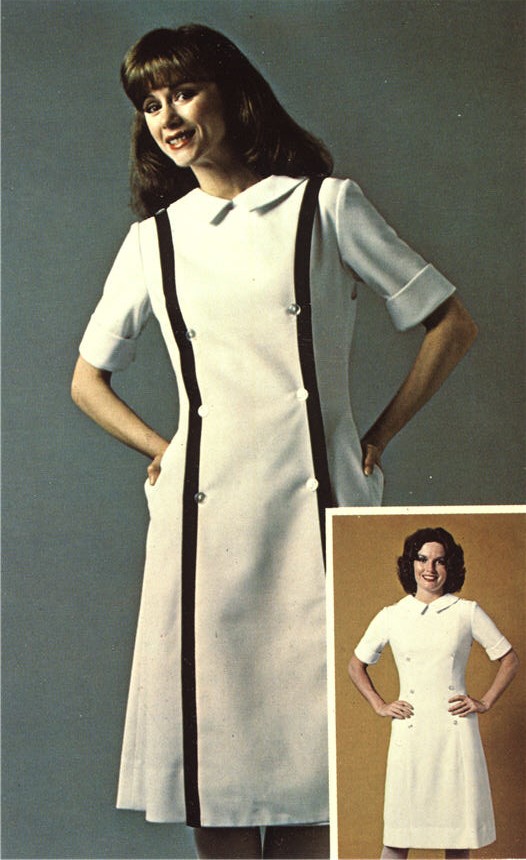White female wears a white uniform with two black stripes, and another woman models one without.