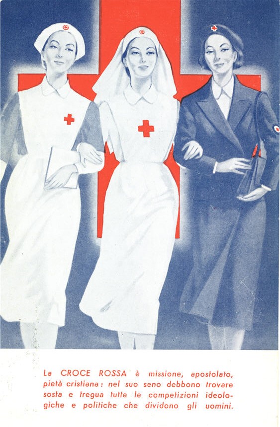 Three White female nurse with arms interlocked, two are white and one is in blue uniform.