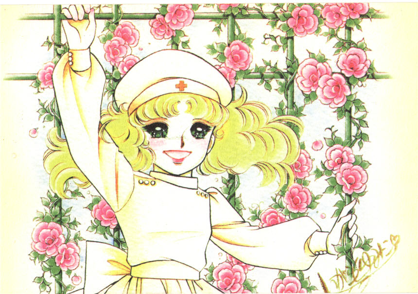 A White girl in white nurse's uniform, in front of roses, smiles and looks at the viewer.