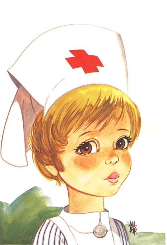 A White girl in white nurse's uniform, looks at the viewer.