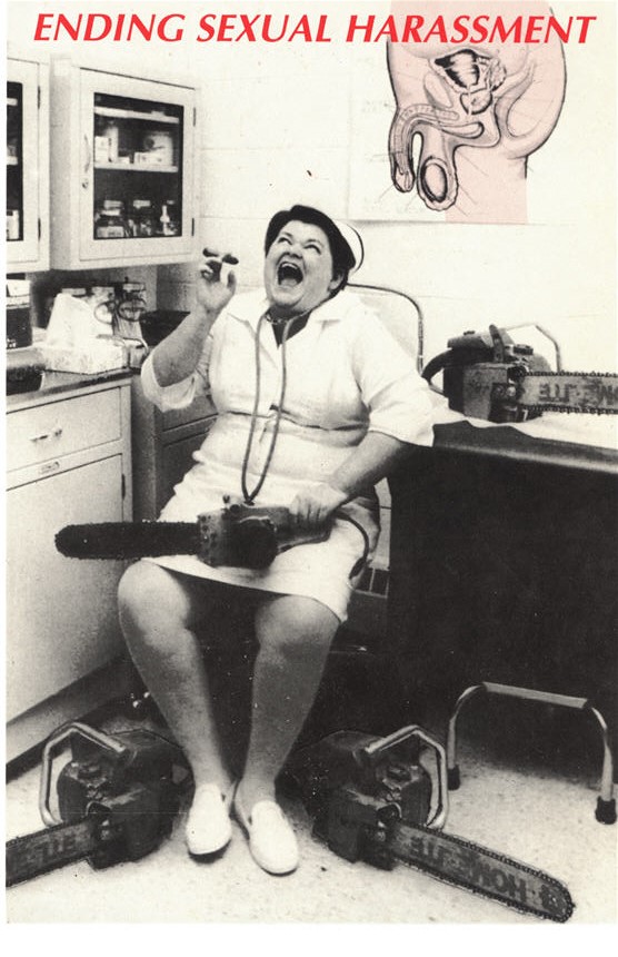 A middle aged White female nurse in white laughs while smoking a cigar surrounded by chainsaws.