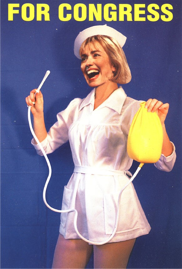 A White woman in white in short white tunic dress holding smiling and holding an enema.