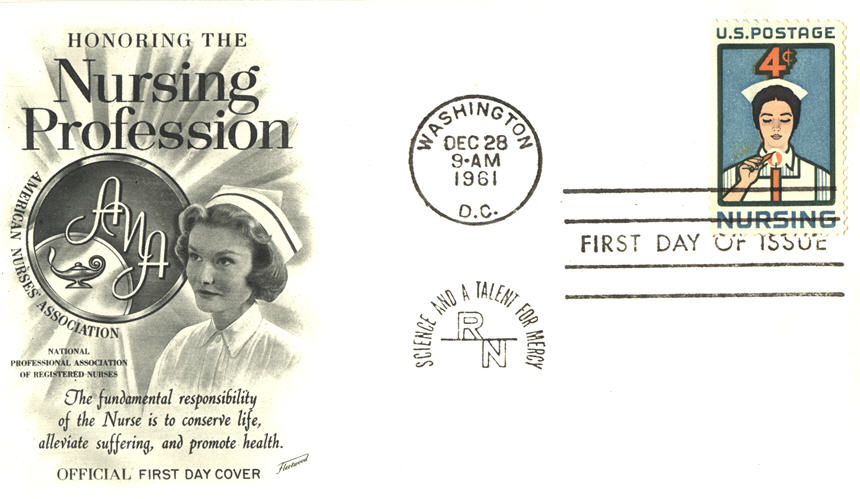 A White female nurses in white visible from shoulder up on left, on right is stamp.