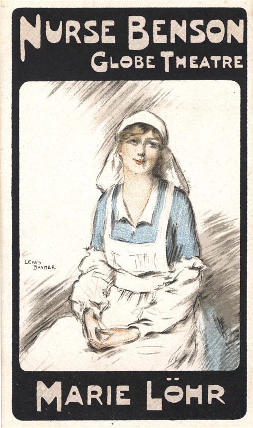 A White female nurse in white and blue sitting with hands on lap, looking up to the right.