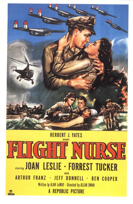 A White man holds a White woman in his arms and leans in for a kiss, amidst war and hospital scenes.