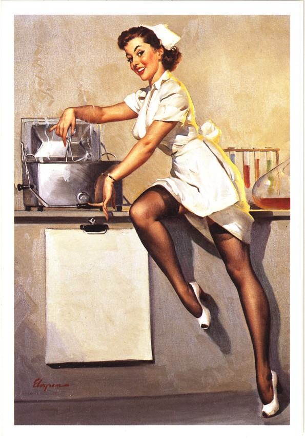 White female nurse in short white dress sterilizing medical tools, image in pin-up girl style.