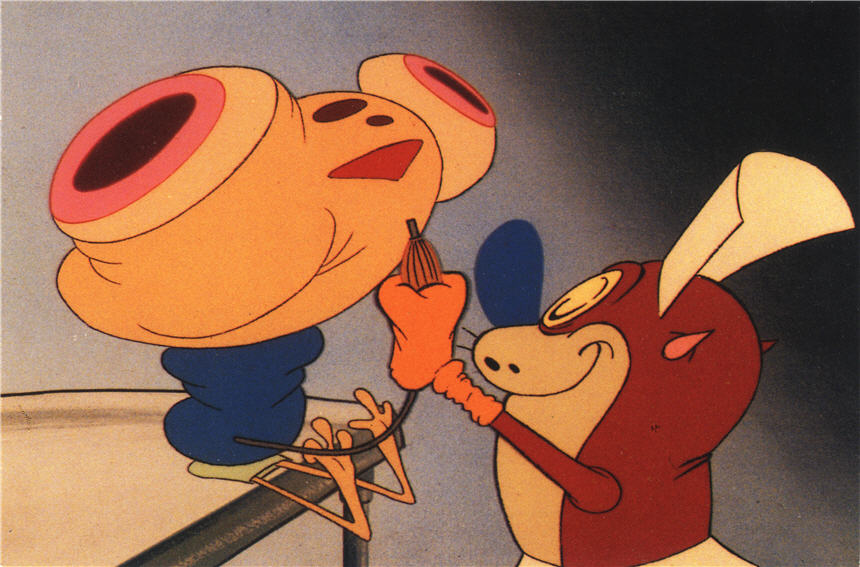 A brown fat cat (Stimpy) squeezes a skinny dog (Ren) while taking his blood pressure.