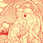 A large winged woman angel with Red Cross symbol on her chest. Women bring their children to her.
