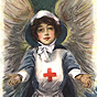 A White female Red Cross nurse with wings gazing at the viewer with arms open.