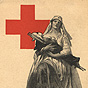 A White female nurse holding a bandaged patient to her chest, with the Red Cross symbol behind her.