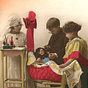 White children dressed as a nurse, doctor, and mother. All stand over a doll in a crib.