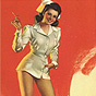 White female nurse smiling and looking at viewer in short white dress, image in pin-up girl style.