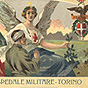 Winged White female with Red Cross symbol on her chest tending to a bandaged praying soldier.