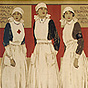 Three White female nurses standing in front of a list of world locations.