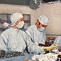 Two White male doctors and two White female nurses in the middle of an operation.