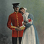 A White female nurse leaning her head on a White male soldier's shoulder.