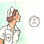 A White female nurse with short hair facing the right. America's Hospitals stamp on the right.