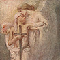 White female angel, stands and holds a shirtless White man holding a cross.