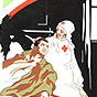 Elderly White female Red Cross nurse seated and cradling a White male soldier in bed.