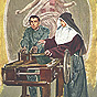 A White female angel looks on as a White nun nurse helps a blind White man operate a machine.