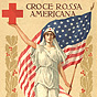 A White female nurse wearing white Classical clothing holds the American flag and Red Cross symbol.