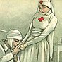 A wounded White man in bandages in bed kissing the hands of a White female Red Cross nurse.