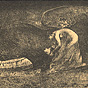 A White female angel bending over a wounded White male soldier lying on the ground.