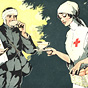 A White female Red Cross nurse giving coffee and bread to wounded White male soldiers.