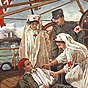 Two White female nurses and a White male orderly, attending to a wounded White male on a ship.