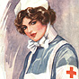 White female nurse in blue and white, visible from chest up, with Red Cross armband.