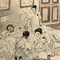 Five Japanese women nurses and one male doctor, tending to two Russian wounded men.