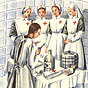 Four White nurses standing in front of a White male doctor holding a syringe.