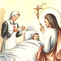 A White religious figure blesses a White child in bed as a White female nurse takes the child's temperature.