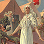 A White female nurse at a field hospital in front other soldiers being treated by nurses.