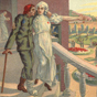 A White female nurse supports a wounded White male soldier using a cane on a balcony.